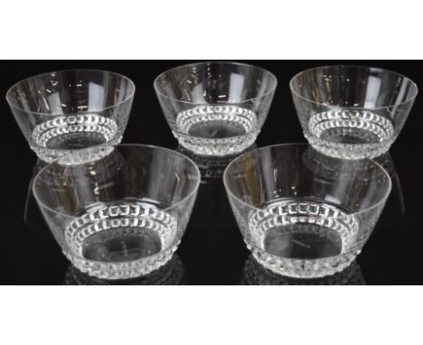 A set of five Ren&eacute; Lalique Vougeot clear glass bowls, each signed R Lalique to base, 12cm in diameter.&nbsp;