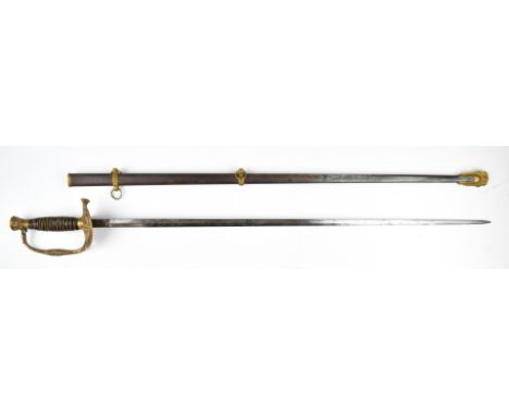 American Civil War 1860 pattern officer's sword with leather and wire covered grip, brass guard and pommel with eagle and fla