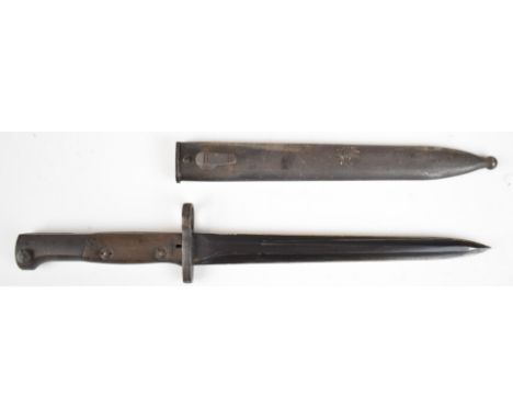 Israeli import bayonet with markings to pommel and scabbard and 23cm double edged blade.&nbsp;PLEASE NOTE ALL BLADED ITEMS AR