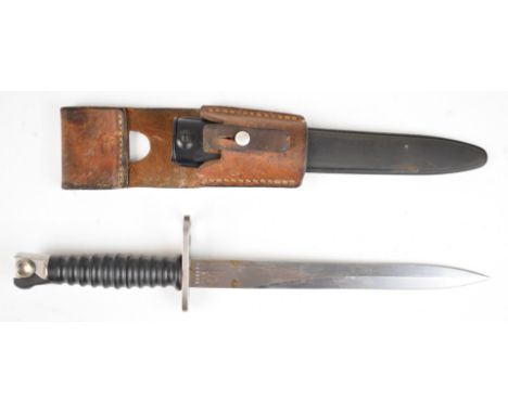 Swiss 1957 bayonet stamped FW+ and V1966948 to ricasso with 24cm double edged blade, scabbard and frog.&nbsp;PLEASE NOTE ALL 