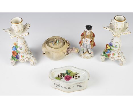 Dresden candlesticks, bisque wine pourer, Chinese porcelain cricket container / pot pourri etc, tallest 17cm