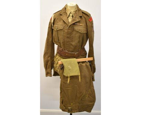 British Army battle dress blouse 1949 pattern dated 1955 with shoulder badges for Royal Engineers, trousers and shirt, gaiter