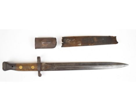 British 1888 pattern Lee Metford bayonet with good stamps to ricasso, 30cm double edged blade with parts of scabbard.&nbsp;PL