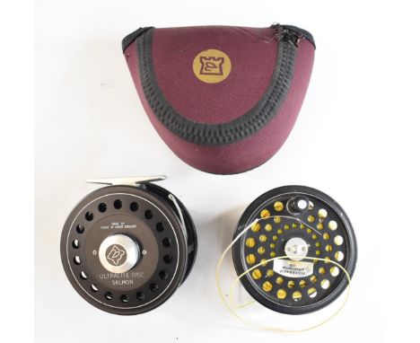 Hardy Ultralite Disc salmon fly fishing reel with spare spool and soft Hardy pouch