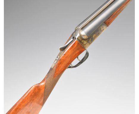 AYA Model 4 12 bore side by side ejector shotgun with named and border engraved locks, border engraved underside, trigger gua