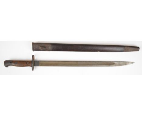 British 1907 pattern bayonet with good stamps to ricasso, wooden grips, 43cm fullered blade and scabbard.&nbsp;PLEASE NOTE AL