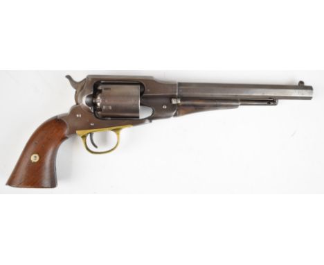 Remington New Model Army .44 six-shot single action revolver with shaped wooden grips, brass trigger guard and 8 inch octagon