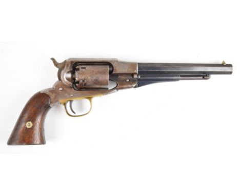Remington New Model Army .44 six-shot single action revolver with shaped wooden grips, brass trigger guard and 8 inch octagon