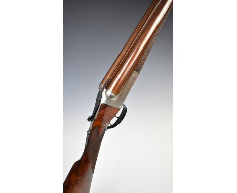 Thomas Bland & Sons 12 bore side by side ejector shotgun with named and border engraved lock, chequered grip and forend, doub