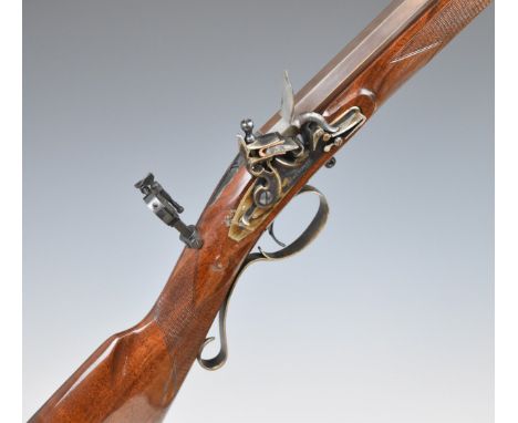 Pedersoli H W Mortimer .54 flintlock rifle with named lock, chequered grip and forend, scrolling trigger guard, brass tipped 