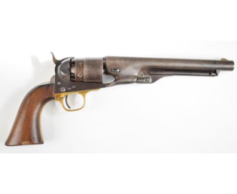 Colt 1860 Army .44 six-shot single action revolver with shaped wooden grips brass trigger guard, frame stamped 'Colts Patent'