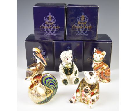 Five Royal Crown Derby Imari paperweights in boxes, including Farmyard Cockerel, Brown Pelican and Harrods Teddy Bear