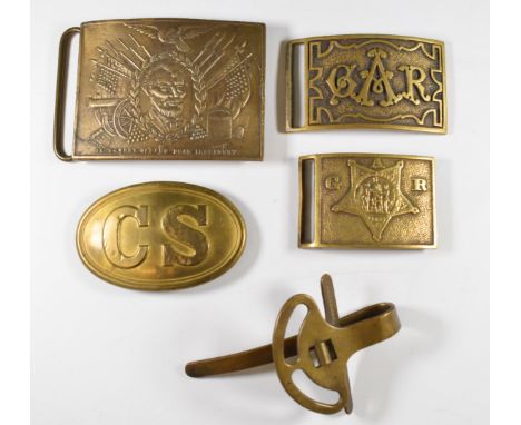 Four various American belt buckles including two for the Grand Army of the Republic, plus a belt clip