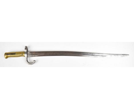 French chassepot 1866 pattern bayonet with downswept quillon marked 3342 to crosspiece, brass grip and external spring and 57