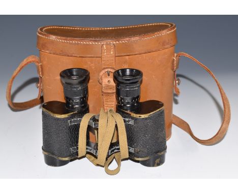 Cased pair of Fournier Paris x8 military binoculars, also marked with broad arrow to back