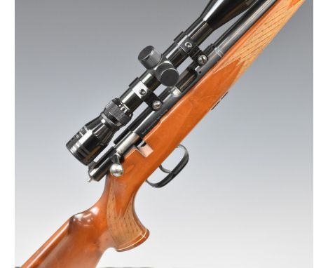 Anschutz .22 bolt-action rifle with chequered semi-pistol grip and forend, raised cheek piece to the stock, multi-shot magazi