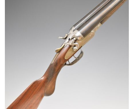 I Hollis & Sons 12 bore side by side hammer action shotgun with named and border engraved lock, chequered semi-pistol grip an