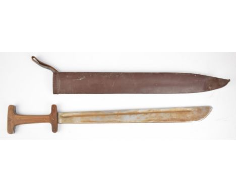 Continental sword with T form wooden grips and crosspiece, stamped with a small crown to the 50cm machete style blade, with l