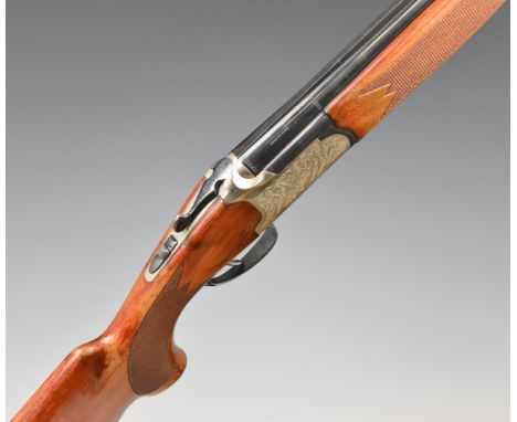Lanber 12 bore over and under ejector shotgun with engraved lock, trigger guard, thumb lever, top plate and underside, cheque