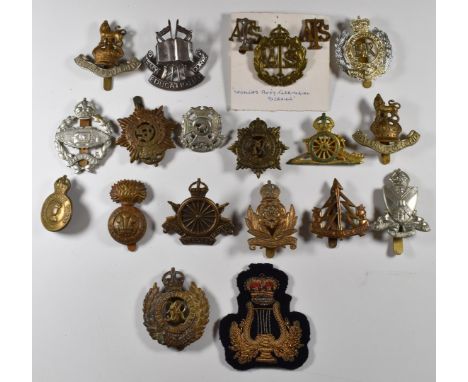Twenty British Army cap badges including Army Educational Corps, Army Cyclists Corps, Royal Engineers, Auxiliary Territorial 