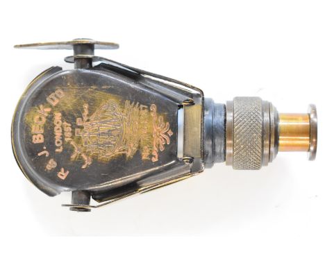 Brass monocular or telescope in the form of a gunpowder flask engraved 'R&amp;J Beck Ltd London 1857 No. 7964387' with adjust