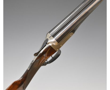 E Roberts 12 bore side by side shotgun with named and engraved lock, engraved trigger guard, thumb lever, fences and undersid