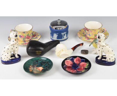 Two Moorcroft pin dishes, Royal Winton pair of chintz cups and saucers decorated in the Welbeck pattern, cased Meerschaum pip