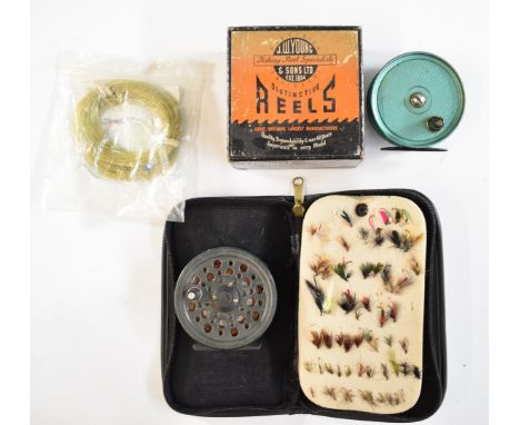 A wallet of trout fishing flies, JW Young fly fishing reel in box, Condex reel and fly line