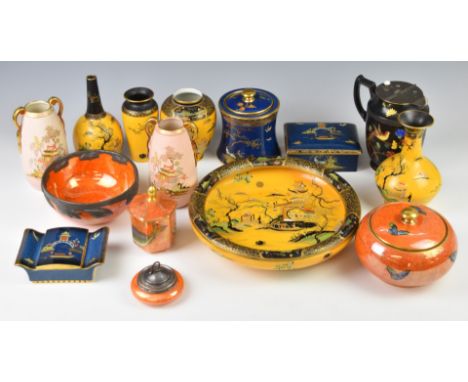 Carltonware lustre vases, bowls and covered pot decorated with fish, butterflies etc and a 'Carlton Cloisonn&eacute; Ware' ju
