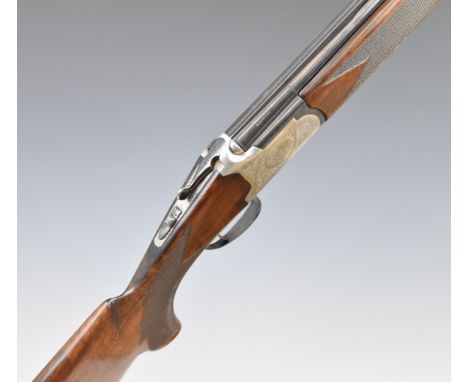 Lanber 12 bore over and under ejector shotgun with engraved lock, trigger guard, thumb lever, top plate and underside, cheque