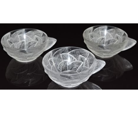 Three Ren&eacute; Lalique Ormeaux frosted and clear glass Tasse &agrave; Glace ice cream cups, each signed 'R Lalique France'