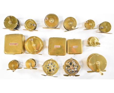 A collection of vintage brass fishing reels and brass bait boxes, one reel impressed Gay and Son Merthyr and a Milbro example