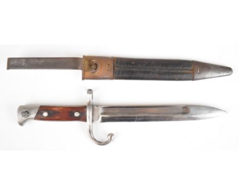 Mexico 1889 pattern bayonet with wooden grips, down swept quillon, 21cm fullered blade, scabbard and belt hook.&nbsp;PLEASE N