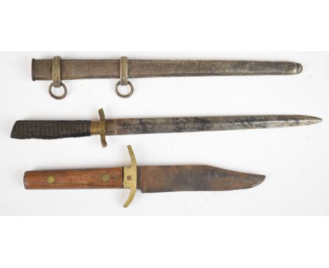 Continental hunting dagger / knife with 23cm double edged blade and non standard scabbard together with another hunting knife