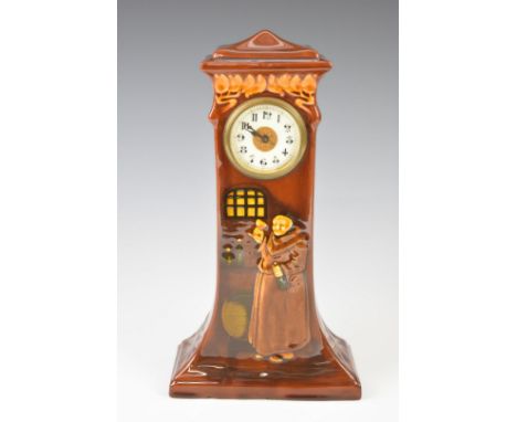 Royal Doulton Kingsware / Seriesware miniature longcase clock with figural monk decoration, height 30cm