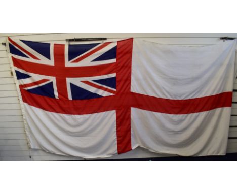 Large Royal Ensign flag with broad arrow military marking, 1993, serial no 8345-99-571-3292 and 'Zephyr Flags and Banners' to