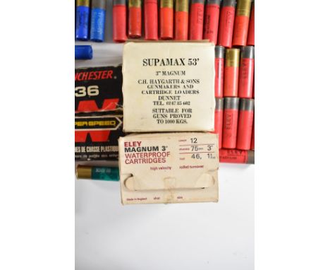 One hundred and twelve 12 bore magnum shotgun cartridges, including Supamax 53', Winchester and Eley PLEASE NOTE THAT A VALID
