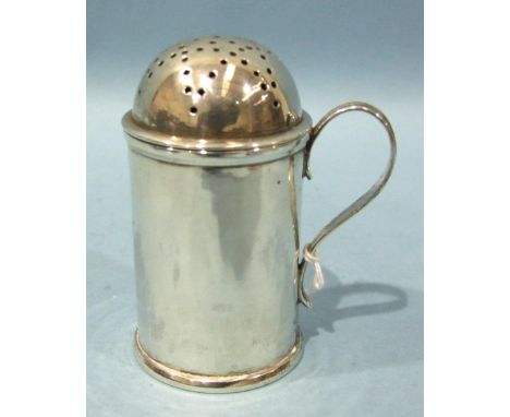 A George III silver sander with perforated cover and loop handle, marks rubbed, 9.5cm, 132.8g, ___4.27oz.