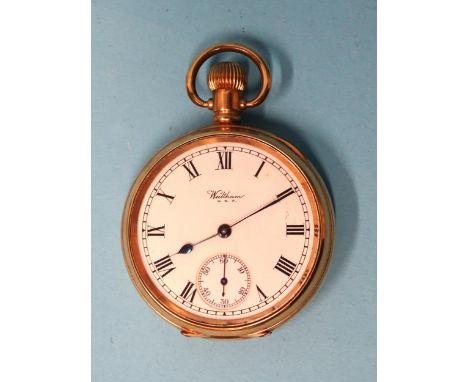 A gold-plated Waltham open-face keyless pocket watch, (not working).