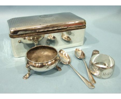 A silver cigarette box with engine-turned lid and Indian Medical Service crest, 17 x 9 x 6cm (a/f), a george III salt cellar,