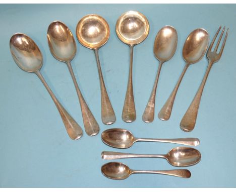 Eight silver rattail spoons, comprising two table, two dessert, two ladles and two teaspoons, different dates and makers, a s