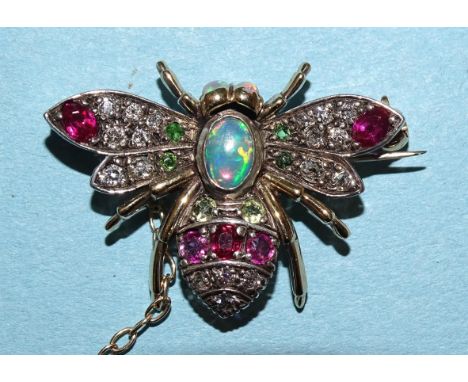 A late-Victorian diamond, ruby, opal, citrine and peridot-set bee brooch, with opal thorax and eyes, ruby, diamond and citrin