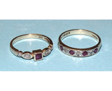 A 9ct gold ring set a square-cut ruby and two 8/8-cut diamonds, size M and another set four round-cut rubies and three 8/8-cu