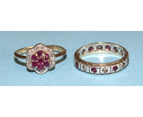 A 9ct gold ring set ruby and diamond point cluster, size N, 2g and a 9ct gold eternity ring set synthetic stones, size N½, 2.
