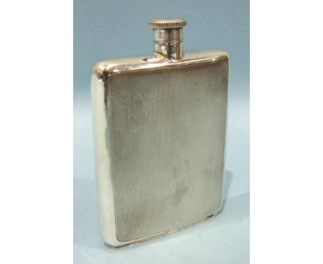 An engine-turned silver hip flask with screw top, Birmingham 1970, 12 x 8 x 1.5cm, 140g, ___4.51oz.