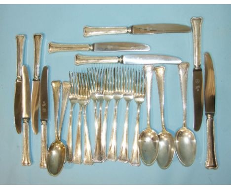 A collection of German silver flatware: nine table forks, five tablespoons, nine silver-handled knives, marked 800 Netter, 11