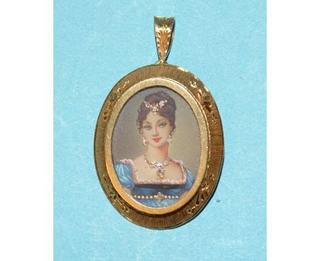 An Italian 18ct gold pendant/brooch set with a hand-painted portrait miniature, with white gem accents, 32 x 26mm, 7.8g.