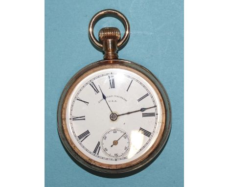 American Waltham, a gentleman's gold-plated top-wind open-face pocket watch, the white enamel dial with Roman numerals and se