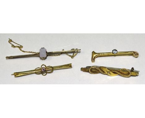 A 9ct gold bar brooch set agate intaglio, 55mm, 2.3g, a small bar brooch set diamond point, indistinct gold marks, tested as 