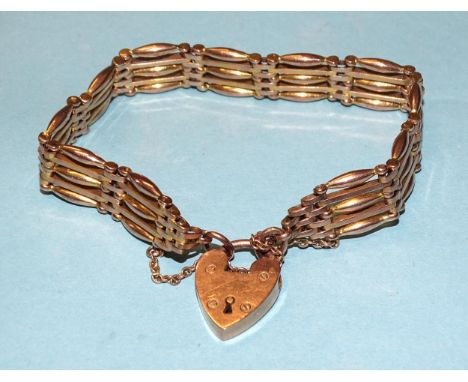 A 9ct gold gate-link bracelet with padlock clasp and safety chain, 20cm, 20.5g.